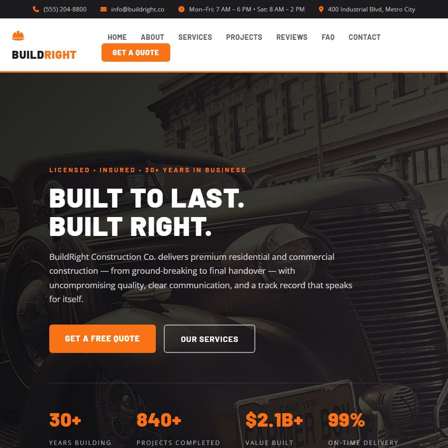 Construction free website template screenshot