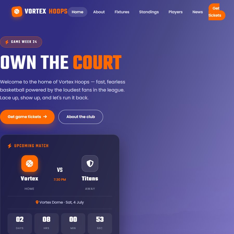 Vortex Basketball Club free website template screenshot